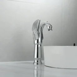 Antique Bathroom Sink Mixer Faucet, Washroom Basin Taps Brass Swan Shape Copper Electroplated Finish Vintage Style Single Handle One Hole Water Taps with Cold Hot Hose