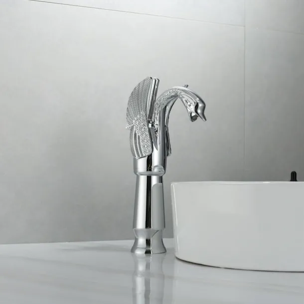 Antique Bathroom Sink Mixer Faucet, Washroom Basin Taps Brass Swan Shape Copper Electroplated Finish Vintage Style Single Handle One Hole Water Taps with Cold Hot Hose