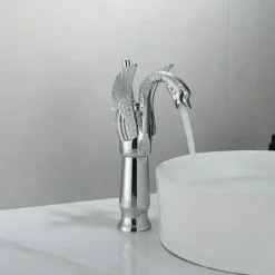 Antique Bathroom Sink Mixer Faucet, Washroom Basin Taps Brass Swan Shape Copper Electroplated Finish Vintage Style Single Handle One Hole Water Taps with Cold Hot Hose