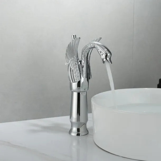 Antique Bathroom Sink Mixer Faucet, Washroom Basin Taps Brass Swan Shape Copper Electroplated Finish Vintage Style Single Handle One Hole Water Taps with Cold Hot Hose