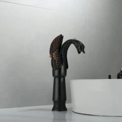 Antique Bathroom Sink Mixer Faucet, Washroom Basin Taps Brass Swan Shape Copper Electroplated Finish Vintage Style Single Handle One Hole Water Taps with Cold Hot Hose