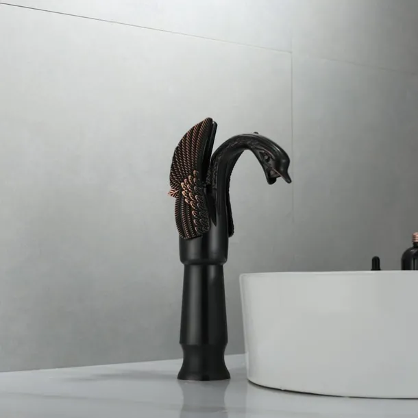 Antique Bathroom Sink Mixer Faucet, Washroom Basin Taps Brass Swan Shape Copper Electroplated Finish Vintage Style Single Handle One Hole Water Taps with Cold Hot Hose