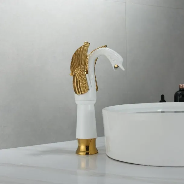 Antique Bathroom Sink Mixer Faucet, Washroom Basin Taps Brass Swan Shape Copper Electroplated Finish Vintage Style Single Handle One Hole Water Taps with Cold Hot Hose