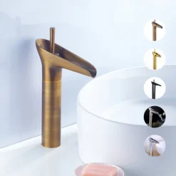 Antique Brass Bathroom Sink Faucet,Waterfall Single Handle One Hole Bath Taps with Hot and Cold Switch and Ceramic Valve