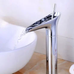 Antique Brass Bathroom Sink Faucet,Waterfall Single Handle One Hole Bath Taps with Hot and Cold Switch and Ceramic Valve