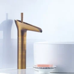 Antique Brass Bathroom Sink Faucet,Waterfall Single Handle One Hole Bath Taps with Hot and Cold Switch and Ceramic Valve