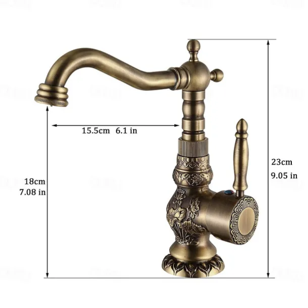 Antique Brass Bathroom Sink Mixer Faucet, Vintage Kitchen Taps Single Handle One Hole, 360 Rotatable Retro Vessel Taps with Hot and Cold Hose