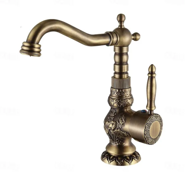 Antique Brass Bathroom Sink Mixer Faucet, Vintage Kitchen Taps Single Handle One Hole, 360 Rotatable Retro Vessel Taps with Hot and Cold Hose