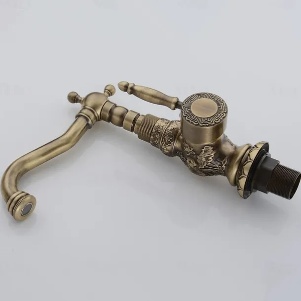 Antique Brass Bathroom Sink Mixer Faucet, Vintage Kitchen Taps Single Handle One Hole, 360 Rotatable Retro Vessel Taps with Hot and Cold Hose