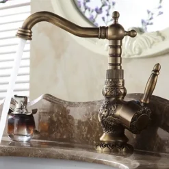 Antique Brass Bathroom Sink Mixer Faucet, Vintage Kitchen Taps Single Handle One Hole, 360 Rotatable Retro Vessel Taps with Hot and Cold Hose