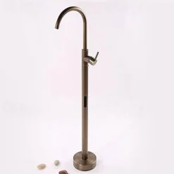 Antique Brass Bathtub Faucet Freestanding, 360 Swivel Spout Floor Mount Bath Tub Shower Filler Mixer Taps, Vintage Free Standing Clawfoot Tub with Hot and Cold Water Hose