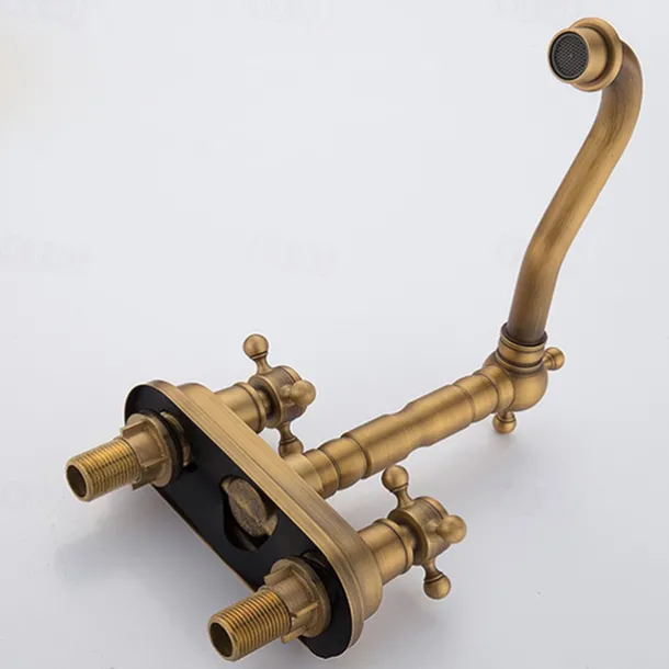 Antique Brass Centerset Faucet Two Handle, 360° Swivel Cross Knobs, Basin Mixer Tap Three Holes, Swivel Centerset Bathroom Sink Faucet