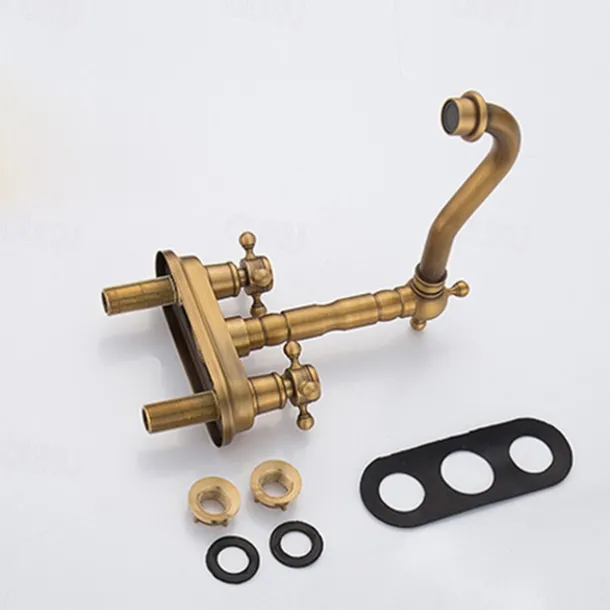 Antique Brass Centerset Faucet Two Handle, 360° Swivel Cross Knobs, Basin Mixer Tap Three Holes, Swivel Centerset Bathroom Sink Faucet