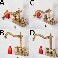 Antique Brass Centerset Faucet Two Handle, 360° Swivel Cross Knobs, Basin Mixer Tap Three Holes, Swivel Centerset Bathroom Sink Faucet