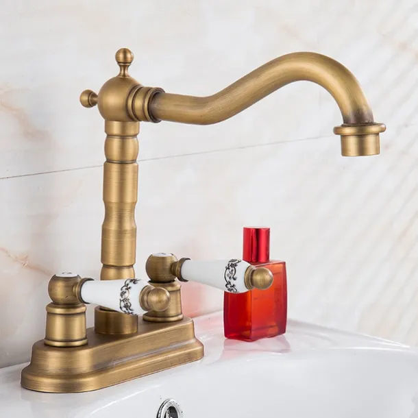 Antique Brass Centerset Faucet Two Handle, 360° Swivel Cross Knobs, Basin Mixer Tap Three Holes, Swivel Centerset Bathroom Sink Faucet