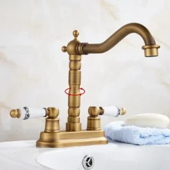Antique Brass Centerset Faucet Two Handle, 360° Swivel Cross Knobs, Basin Mixer Tap Three Holes, Swivel Centerset Bathroom Sink Faucet