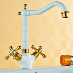 Antique Brass Kitchen Faucet,Two Handles One Hole Standard Spout Deck Mounted Traditional Kitchen Taps with Hot and Cold Switch