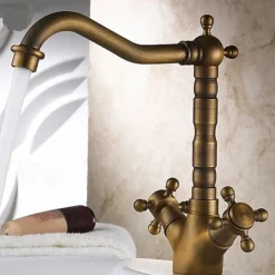 Antique Brass Kitchen Faucet,Two Handles One Hole Standard Spout Deck Mounted Traditional Kitchen Taps with Hot and Cold Switch