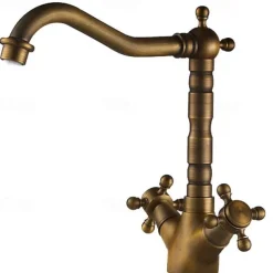 Antique Brass Kitchen Faucet,Two Handles One Hole Standard Spout Deck Mounted Traditional Kitchen Taps with Hot and Cold Switch