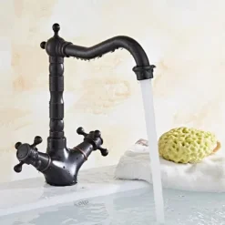 Antique Brass Kitchen Faucet,Two Handles One Hole Standard Spout Deck Mounted Traditional Kitchen Taps with Hot and Cold Switch