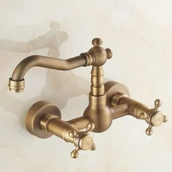 Antique Brass Kitchen Faucet,Wall Mounted Standard Spout Two Handles Two Holes Traditional Widespread Kitchen Taps with Hot and Cold Switch and Ceramic Valve