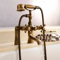 Antique Brass Wall Mounted Shower Faucet, Two Handles Two Holes Bathtub Shower Mixer Taps Contain with Handshower and Valve and Hot/Cold Water