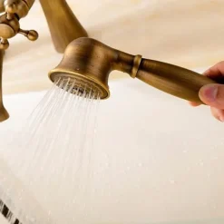 Antique Brass Wall Mounted Shower Faucet, Two Handles Two Holes Bathtub Shower Mixer Taps Contain with Handshower and Valve and Hot/Cold Water
