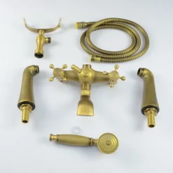 Antique Brass Wall Mounted Shower Faucet, Two Handles Two Holes Bathtub Shower Mixer Taps Contain with Handshower and Valve and Hot/Cold Water