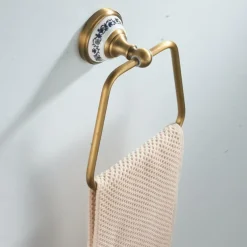 Antique Brushed Brass Towel Holder Towel Ring , Copper for Bathrooms, Trapezoid Hand Towel Rack Wall Mounted Decorative