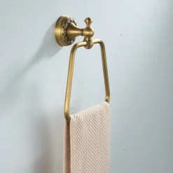 Antique Brushed Brass Towel Holder Towel Ring , Copper for Bathrooms, Trapezoid Hand Towel Rack Wall Mounted Decorative