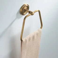 Antique Brushed Brass Towel Holder Towel Ring , Copper for Bathrooms, Trapezoid Hand Towel Rack Wall Mounted Decorative