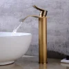 Antique Copper Bathroom Sink Faucet,Golden Waterfall Single Handle One Hole Bath Taps with Hot and Cold Water Switch