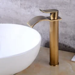 Antique Copper Bathroom Sink Faucet,Golden Waterfall Single Handle One Hole Bath Taps with Hot and Cold Water Switch