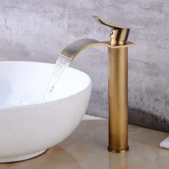 Antique Copper Bathroom Sink Faucet,Golden Waterfall Single Handle One Hole Bath Taps with Hot and Cold Water Switch
