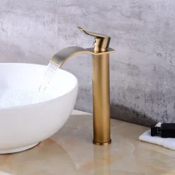 Antique Copper Bathroom Sink Faucet,Golden Waterfall Single Handle One Hole Bath Taps with Hot and Cold Water Switch