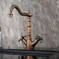Antique Copper Bathroom Sink Faucet,Centerset Two Handles One Hole Bath Taps with Hot and Cold Switch and Ceramic Valve