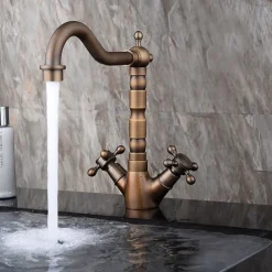 Antique Copper Bathroom Sink Faucet,Centerset Two Handles One Hole Bath Taps with Hot and Cold Switch and Ceramic Valve