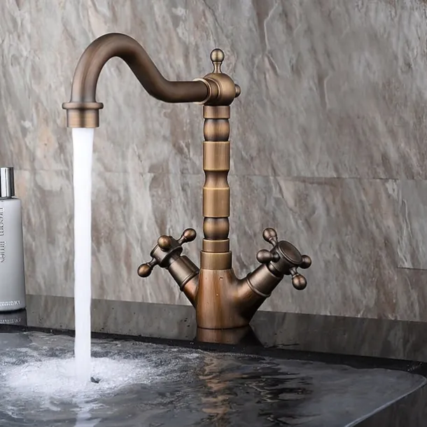 Antique Copper Bathroom Sink Faucet,Centerset Two Handles One Hole Bath Taps with Hot and Cold Switch and Ceramic Valve