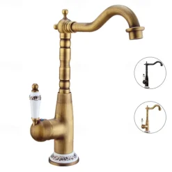 Antique Copper Kitchen Faucet,Golden/Black Single Handle One Hole Electroplated Standard Spout Centerset Antique Design Kitchen Taps with Hot and Cold Water Switch