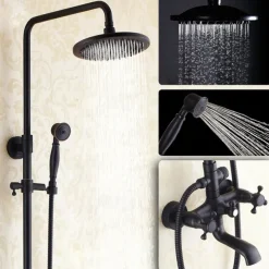 Antique Shower System Faucet Combo Set, 8" Rainfall Shower Head Kit with Handshower Wall Mounted, Brass Copper Black Electroplated Finish Vintage Style 2 Handles 3 Hole Bath Mixer Taps with Bodysprays
