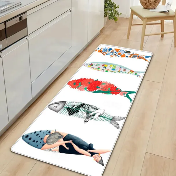 Area Rug Kitchen Rug Mat Non-Slip Oil Proof Floor Mat Livingroom Rug Indoor Outdoor Mat Bedroom Decor Bathroom Mat Entrance Rug Door Mat Summer Fishes