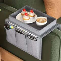 Armrest Organizer with Cup Holder, Tray, and Remote Control Holder for Recliner Sofa Armrests - Fits Couch Armrests, Chair Arms, Bedside - Storage Pouch for Phone, Tablet, Books, Magazines, Drink Holder