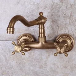 Art Deco Antique Brass Sprinkle Sink Faucets, Wall Mount Two Handles Two Holes Kitchen Faucet with Hot and Cold Water Switch