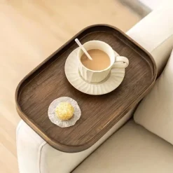 Art Deco Bamboo Sofa Arm Tray Table, Portable Folding Clip-On Side Table, Metal Frame, No Electricity Needed, Brown Bamboo Drink Shelf for Couch and Console Tables