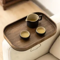 Art Deco Bamboo Sofa Arm Tray Table, Portable Folding Clip-On Side Table, Metal Frame, No Electricity Needed, Brown Bamboo Drink Shelf for Couch and Console Tables