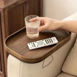 Art Deco Bamboo Sofa Arm Tray Table, Portable Folding Clip-On Side Table, Metal Frame, No Electricity Needed, Brown Bamboo Drink Shelf for Couch and Console Tables