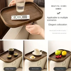Art Deco Bamboo Sofa Arm Tray Table, Portable Folding Clip-On Side Table, Metal Frame, No Electricity Needed, Brown Bamboo Drink Shelf for Couch and Console Tables