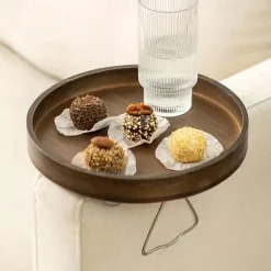 Art Deco Bamboo Sofa Arm Tray Table, Portable Folding Clip-On Side Table, Metal Frame, No Electricity Needed, Brown Bamboo Drink Shelf for Couch and Console Tables