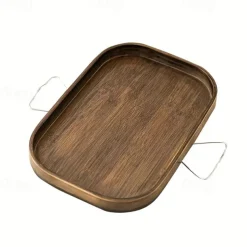 Art Deco Bamboo Sofa Arm Tray Table, Portable Folding Clip-On Side Table, Metal Frame, No Electricity Needed, Brown Bamboo Drink Shelf for Couch and Console Tables