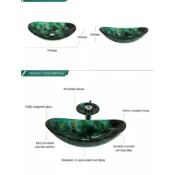 Art Tempered Glass Wash Basin with Chrome Faucet Finish,Rectangular Sink Shape Bathroom Faucet